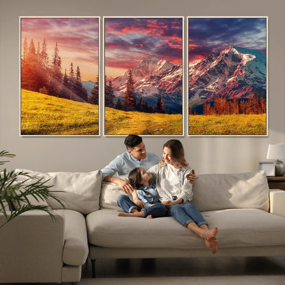 83947-MGV-CV-36X24-Sunset Mountain Landscape Wall Art – Panoramic Alpine Meadow and Snow Capped Peaks Canvas Print, Nature Scenic Decor for Home,
