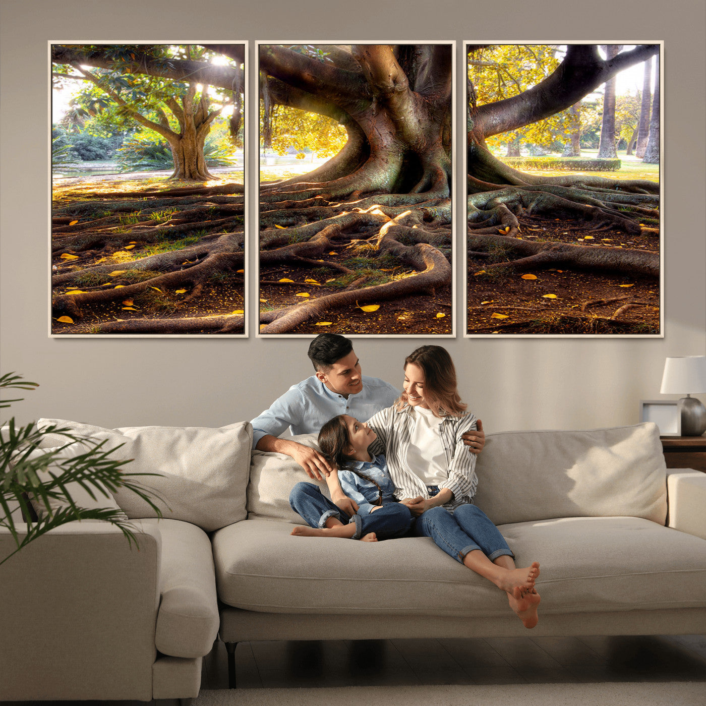 53335-MGV-CV-36X24-Majestic Tree with Sprawling Roots Wall Art – Serene Sunlit Park Scene, Nature Canvas Print, Perfect for Living Room, Office or