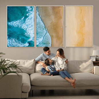46640-MGV-CV-36X24-Aerial Beach Wall Art – Turquoise Waves and Golden Sand Canvas Print with Lone Surfer, Coastal Ocean Decor for Living Room,