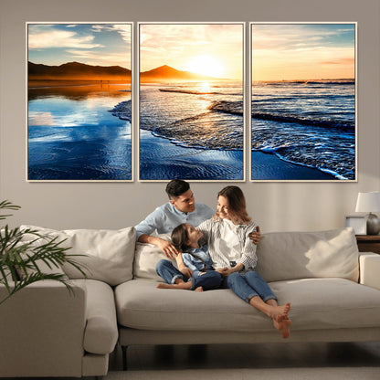 86173-MGV-CV-36X24-Golden Sunset Beach Wall Art – Reflective Ocean Canvas Print with Mountains and Waves, Coastal Nature Decor for Living Room,