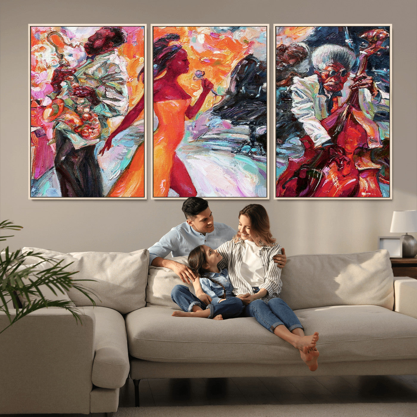 24452-MGV-CV-36X24-Vibrant Jazz Musician Painting - Expressive Art Print of Live Jazz Band, Perfect Wall Decor for Music Lovers and Art Enthusiasts