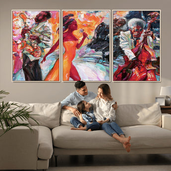 24452-MGV-CV-36X24-Vibrant Jazz Musician Painting - Expressive Art Print of Live Jazz Band, Perfect Wall Decor for Music Lovers and Art Enthusiasts