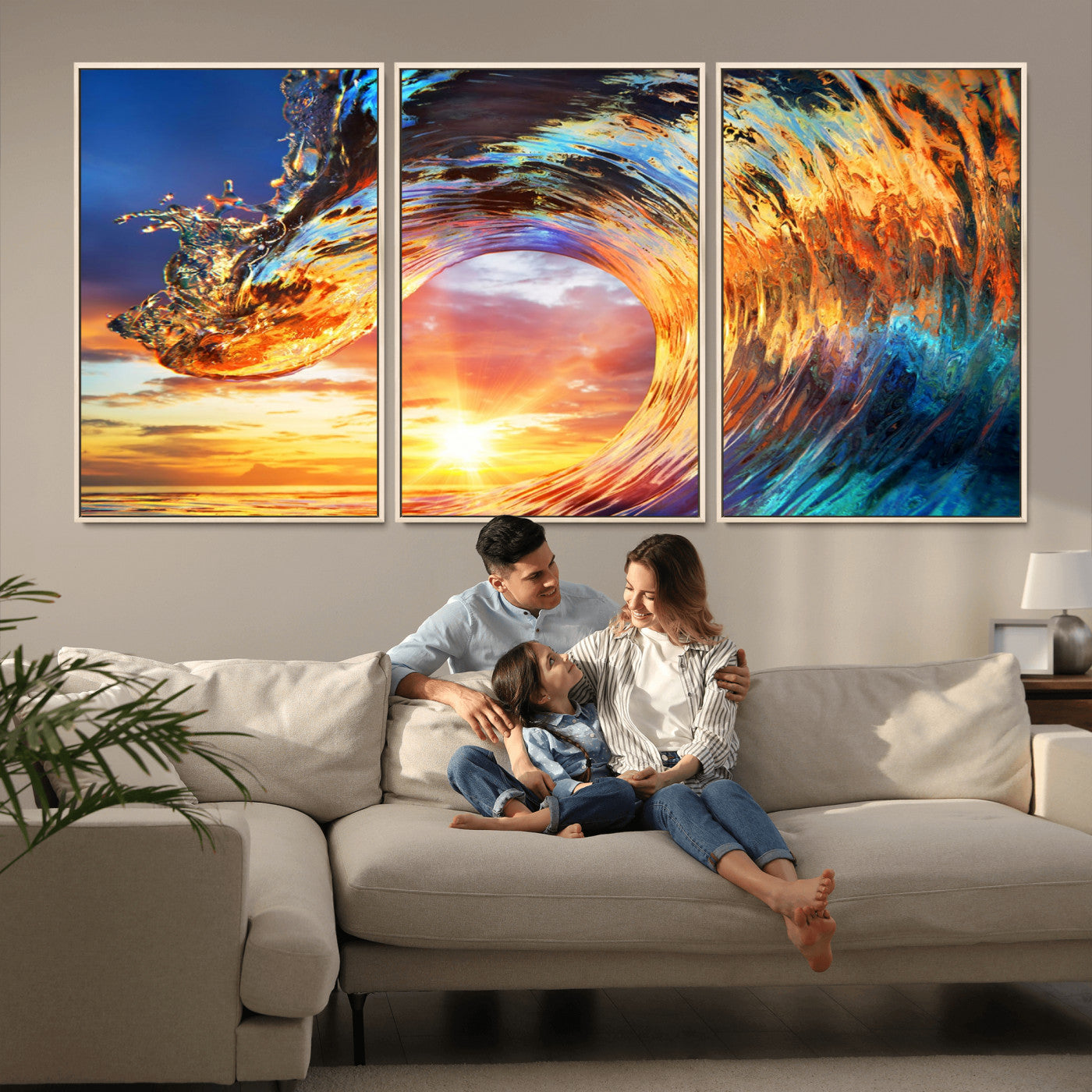 52890-MGV-CV-36X24-Surfing Wave Wall Art Canvas Print, Framed Sunset Ocean Art Picture Print, Ocean Wave Perfect Nautical Decor Artwork