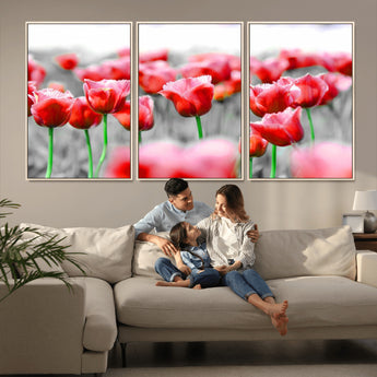 44554-MGV-CV-36X24-Vibrant red tulips stand out beautifully against a black-and-white background, making a striking decor piece perfect for any home