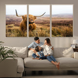 79391-MGV-CV-36X24-Majestic Highland Cow in Misty Scottish Moorland – Rustic Natural Charm, Perfect for Unique Home or Office Decor
