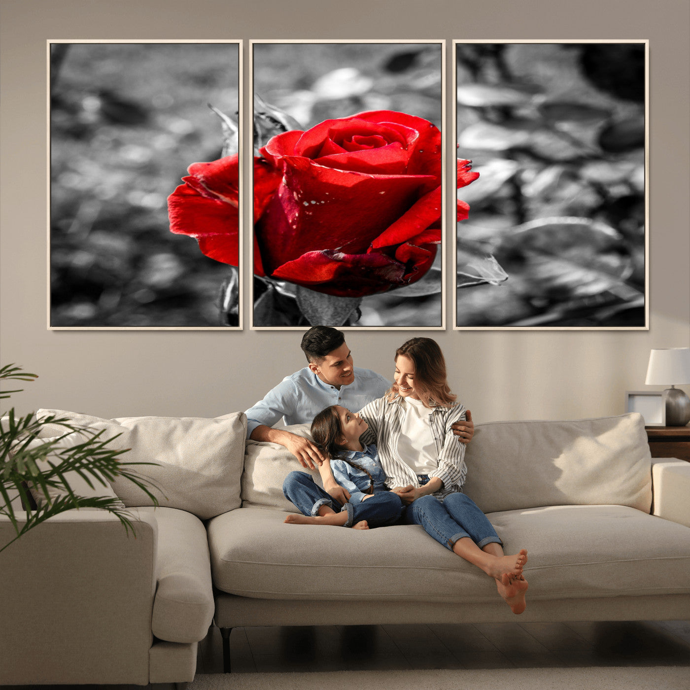 84671-MGV-CV-36X24-Red Rose Wall Art – Vibrant Single Bloom Canvas Print with Black and White Background, Elegant Floral Decor for Living Room,