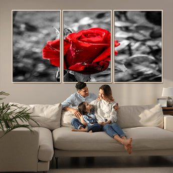 84671-MGV-CV-36X24-Red Rose Wall Art – Vibrant Single Bloom Canvas Print with Black and White Background, Elegant Floral Decor for Living Room,