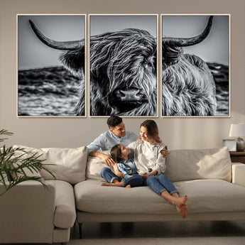 97372-MGV-CV-36X24-Elegant Highland Cow Wall Art – Black and White Canvas Print, Rustic Nature Decor for Home, Office, Living Room or Man Cave