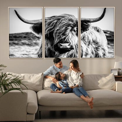 36979-MGV-CV-36X24-Striking black-and-white portrait of a Highland cow with flowing fur and majestic horns, perfect for rustic and elegant home or