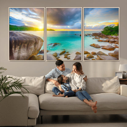 23769-MGV-FC-60X30-3P_Natural-Tropical Beach Sunset Wall Art – Ocean Waves and Rocky Shore Canvas Print, Coastal Seascape Photography Decor