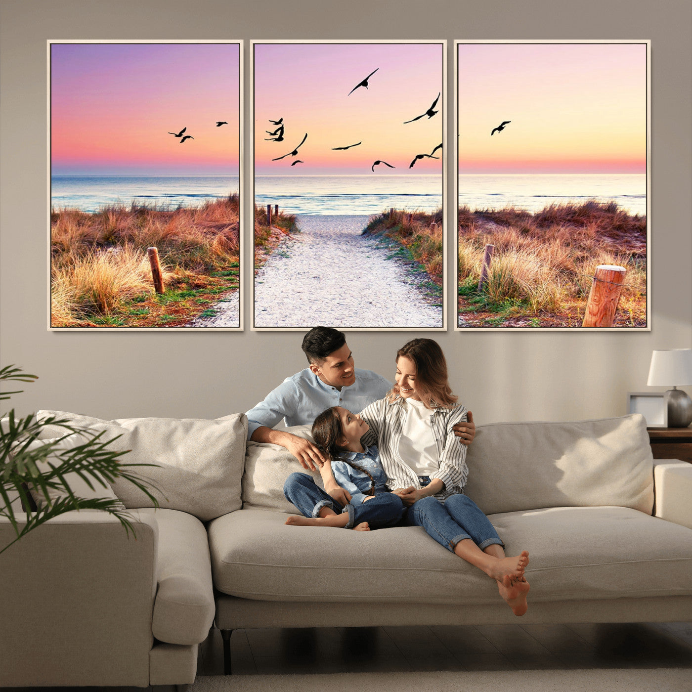 54411-MGV-FC-60X30-3P_Natural-Beach Path with Birds Wall Art – Coastal Sunset Ocean Canvas Print, Seaside Nature Landscape Photography for Living Room, Bedroom