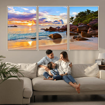 43209-MGV-FC-60X30-3P_Natural-Tropical Beach Sunset Wall Art – Golden Ocean Waves and Palm Trees with Rocky Shore Canvas Print, Coastal Seascape Decor for