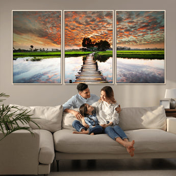 29105-MGV-CV-36X24-Rustic Wooden Bridge Wall Art – Scenic Sunset Over Rice Fields and Reflective Water Canvas Print, Nature Landscape Decor for