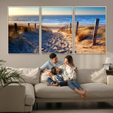 31889-MGV-FC-60X30-3P_Natural-Sandy Beach Pathway Wall Art – Coastal Dune Fence and Ocean View Canvas Print, Relaxing Seaside Landscape Decor for Living Room or