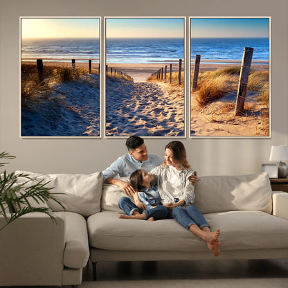 31889-MGV-FC-60X30-3P_Natural-Sandy Beach Pathway Wall Art – Coastal Dune Fence and Ocean View Canvas Print, Relaxing Seaside Landscape Decor for Living Room or