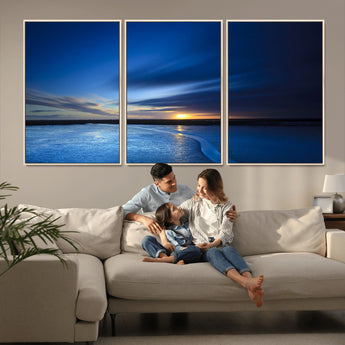 65405-MGV-FC-60X30-3P_Natural-Blue Sunrise Seascape Wall Art – Tranquil Ocean Horizon Canvas Print with Golden Sunlight and Deep Sky, Coastal Landscape Decor
