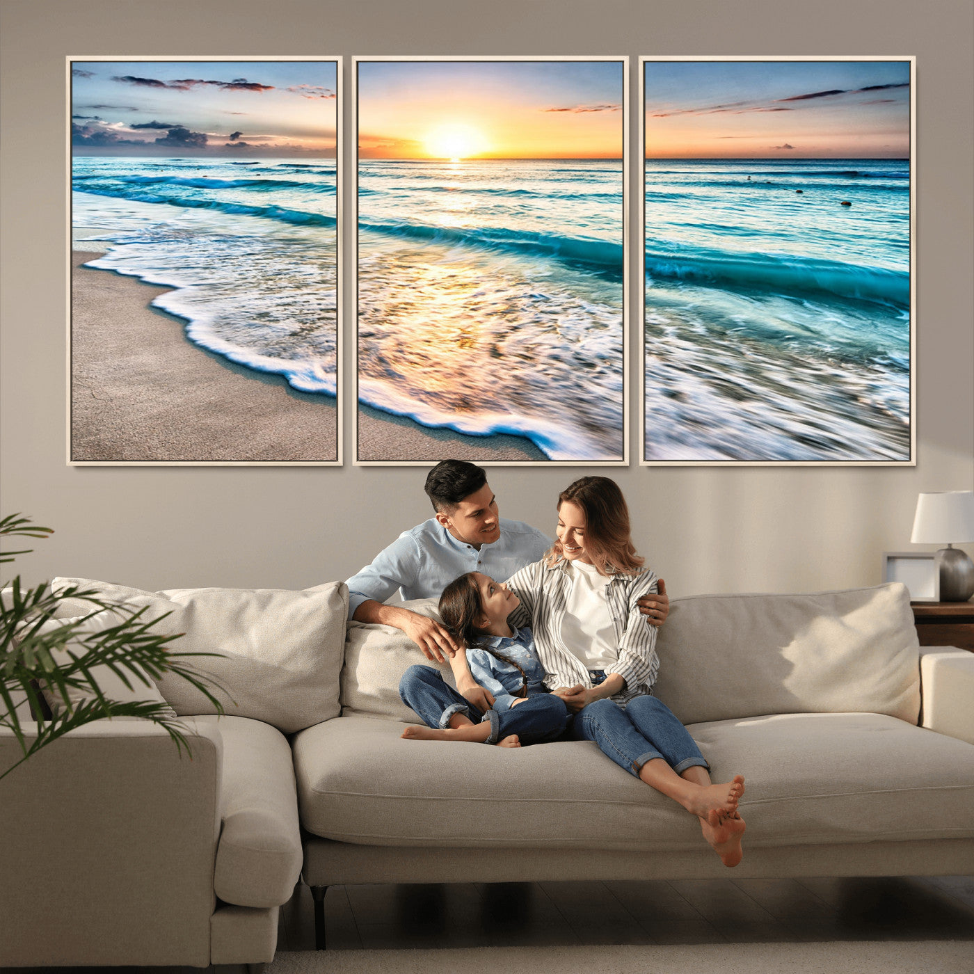 27815-MGV-FC-60X30-3P_Natural-Ocean Sunrise Beach Wall Art – Serene Coastal Canvas Print with Waves and Golden Morning Light, Relaxing Seascape Decor for