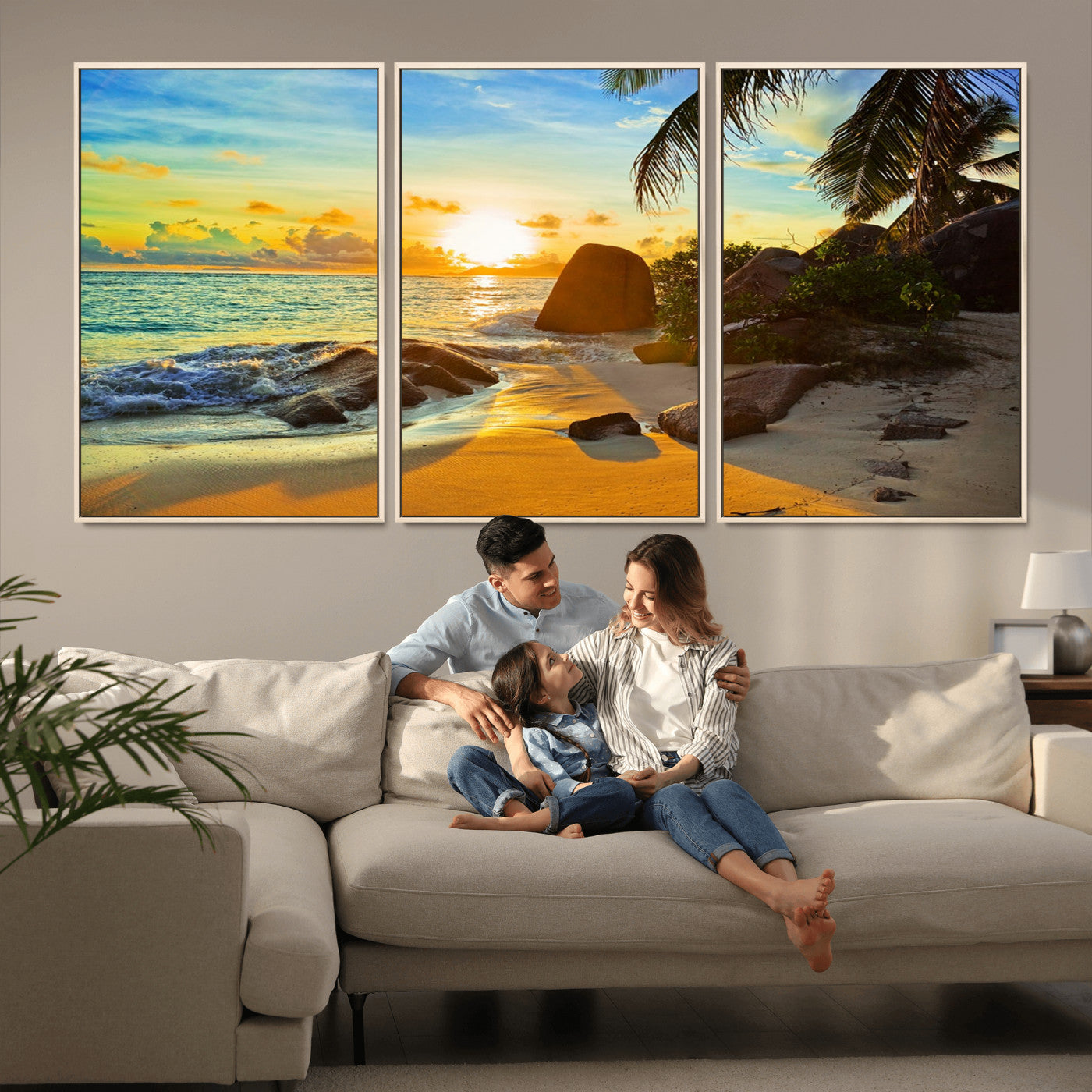 26181-MGV-FC-60X30-3P_Natural-Golden Tropical Sunset Beach Wall Art – Ocean Canvas Print with Palm Trees and Rocks, Coastal Paradise Decor for Living Room or