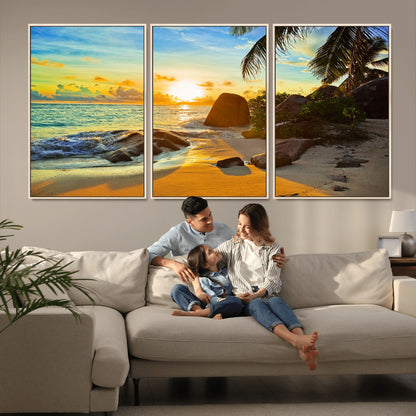 26181-MGV-FC-60X30-3P_Natural-Golden Tropical Sunset Beach Wall Art – Ocean Canvas Print with Palm Trees and Rocks, Coastal Paradise Decor for Living Room or