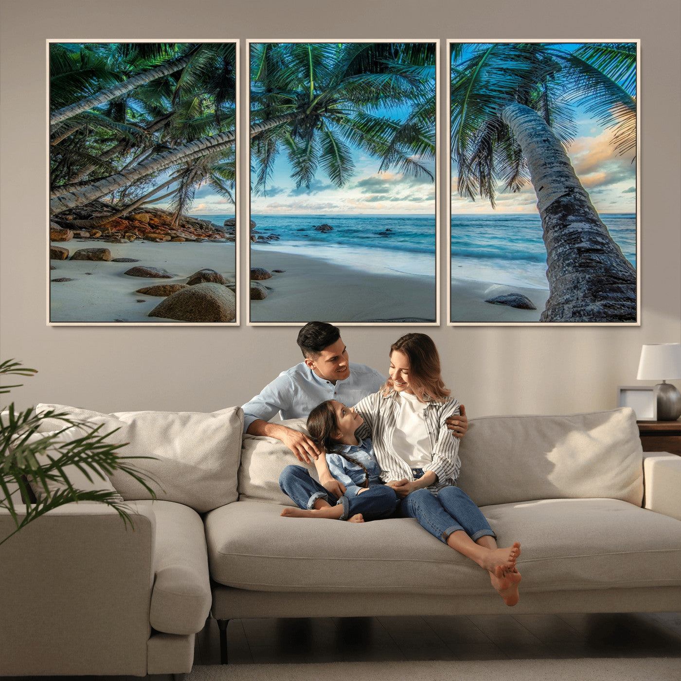 39679-MGV-FC-60X30-3P_Natural-Tropical Palm Beach Wall Art – Serene Ocean Canvas Print with Palm Trees and Rocks, Coastal Paradise Decor for Living Room or