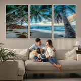 39679-MGV-FC-60X30-3P_Natural-Tropical Palm Beach Wall Art – Serene Ocean Canvas Print with Palm Trees and Rocks, Coastal Paradise Decor for Living Room or