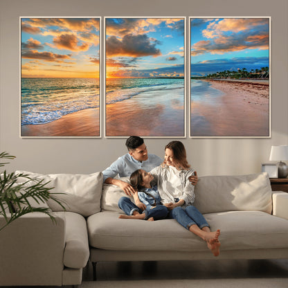 41572-MGV-FC-60X30-3P_Natural-Sunset Beach Wall Art – Ocean Waves and Palm Trees Canvas Print, Tropical Coastal Sunset Seascape Decor for Living Room, Bedroom