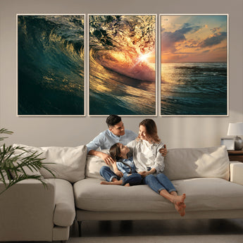55359-MGV-FC-60X30-3P_Natural-Radiant Ocean Wave Wall Art – Panoramic Surf Canvas Print, Vibrant Sunset Beach Decor for Home, Office or Man Cave