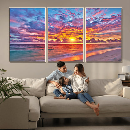 72836-MGV-FC-60X30-3P_Natural-Fiery Sunset Beach Wall Art – Panoramic Vibrant Ocean Canvas Print, Dramatic Coastal Decor for Living Room, Bedroom or Office