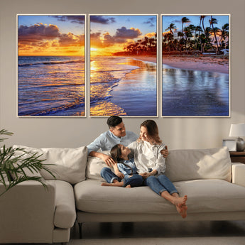 19917-MGV-FC-60X30-3P_Natural-Tropical Sunset Beach Wall Art – Panoramic Palm Trees and Ocean Canvas Print, Vibrant Coastal Decor for Living Room, Office or Man