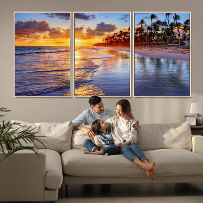 19917-MGV-FC-60X30-3P_Natural-Tropical Sunset Beach Wall Art – Panoramic Palm Trees and Ocean Canvas Print, Vibrant Coastal Decor for Living Room, Office or Man