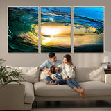 19378-MGV-FC-60X30-3P_Natural-Ocean Wave Sunset Wall Art – Vibrant Surf and Golden Horizon Canvas Print, Coastal Seascape Photography for Living Room, Bedroom,