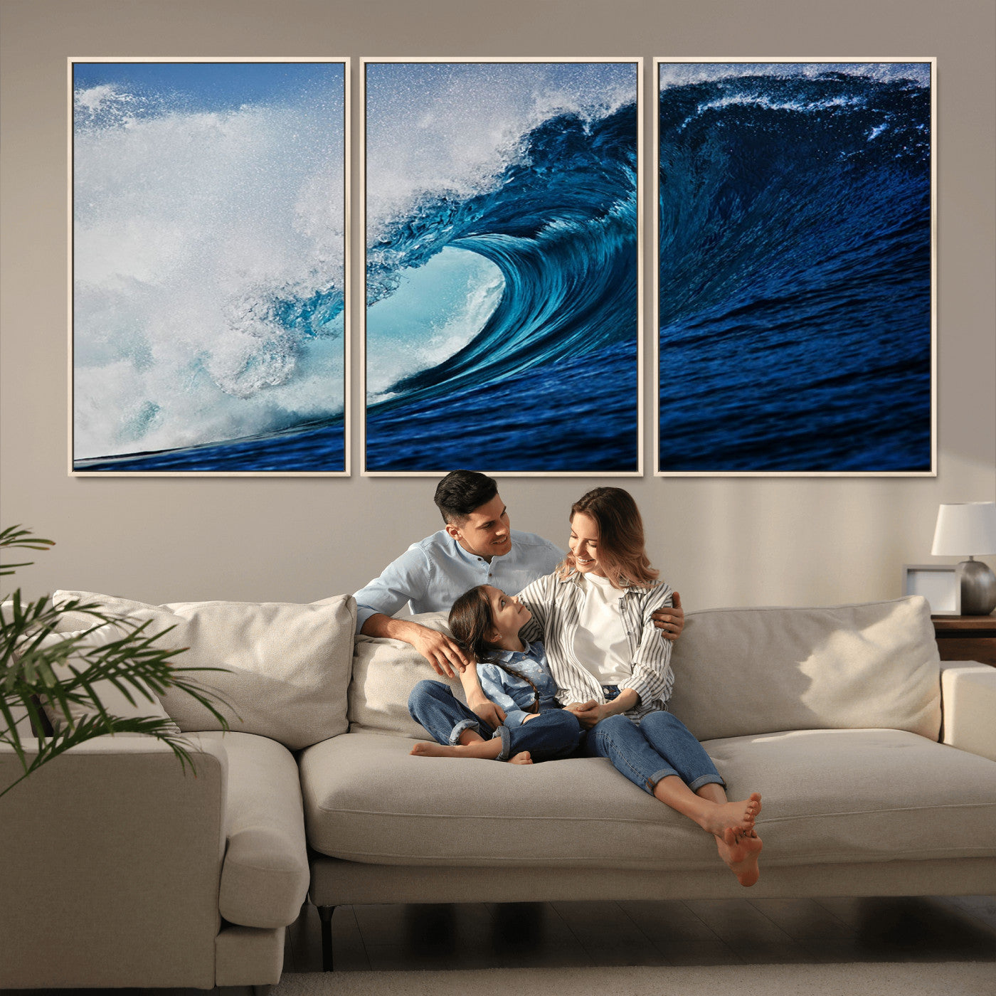 89502-MGV-FC-60X30-3P_Natural-Powerful Ocean Wave Wall Art – Panoramic Blue Sea Wave Canvas Print, Coastal Surf Photography Artwork for Living Room, Bedroom, or