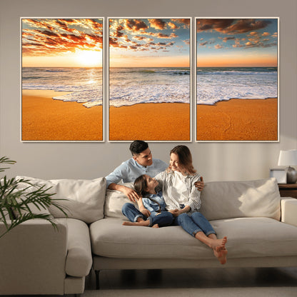 15399-MGV-FC-60X30-3P_Natural-Golden Sunrise Beach Wall Art – Ocean Waves on Sandy Shore Canvas Print, Coastal Seascape Decor for Living Room or Bedroom