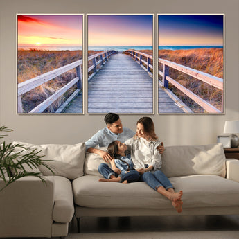60625-MGV-FC-60X30-3P_Natural-Beach Boardwalk Sunrise Wall Art – Coastal Pathway to Ocean Canvas Print, Seaside Landscape Decor for Home or Office