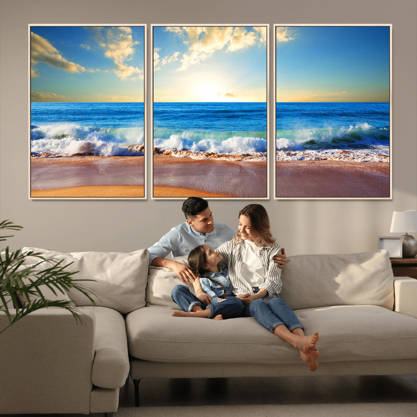 50522-MGV-FC-60X30-3P_Natural-Ocean Sunrise Wall Art – Peaceful Beach Waves and Golden Horizon Canvas Print, Coastal Seascape Decor for Home or Office