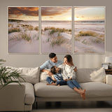61246-MGV-FC-60X30-3P_Natural-Coastal Sand Dunes Wall Art – Serene Beach Sunset Canvas Print with Grasses and Ocean View, Tranquil Seaside Decor for Living Room
