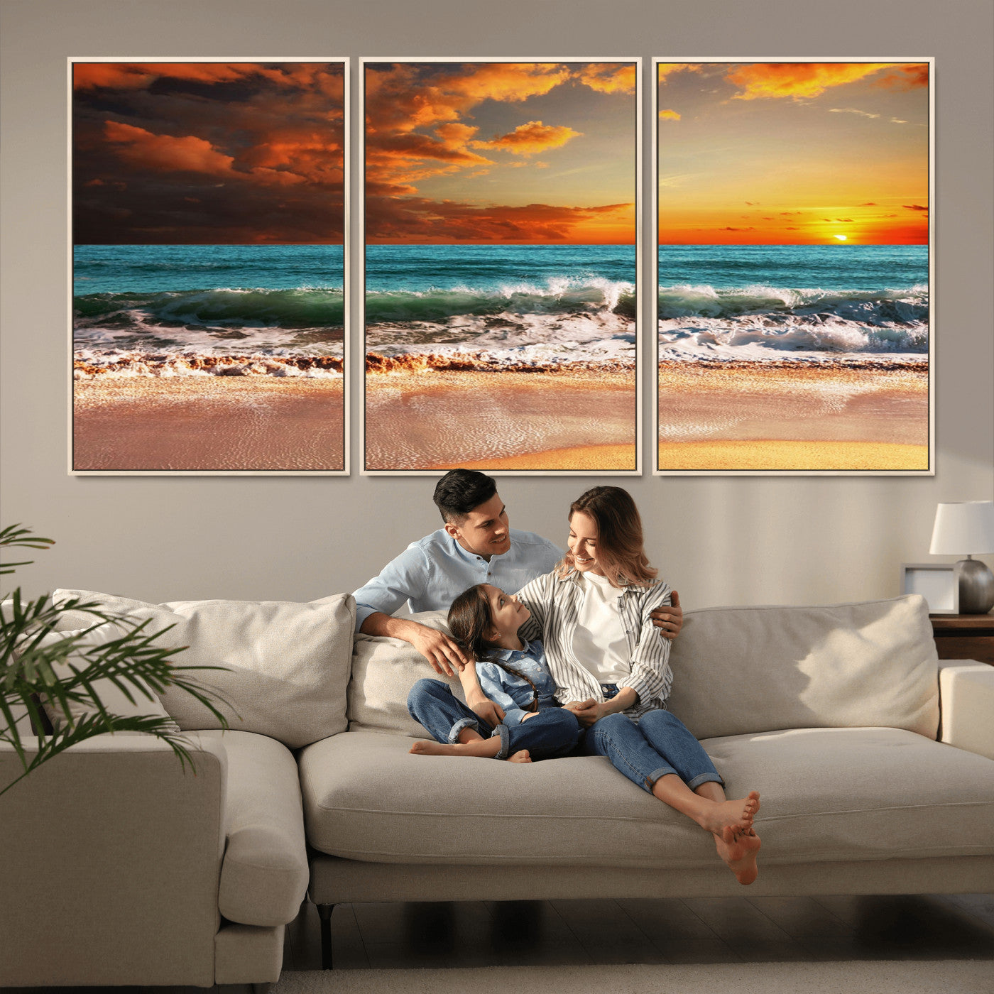 72948-MGV-FC-60X30-3P_Natural-Ocean Sunset Wave Wall Art – Dramatic Seascape Canvas Print with Golden Sky and Crashing Waves, Coastal Beach Decor for Living