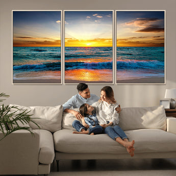50627-MGV-FC-60X30-3P_Natural-Ocean Sunset Wall Art – Serene Beach Canvas Print with Waves and Golden Sky, Coastal Decor for Living Room or Office