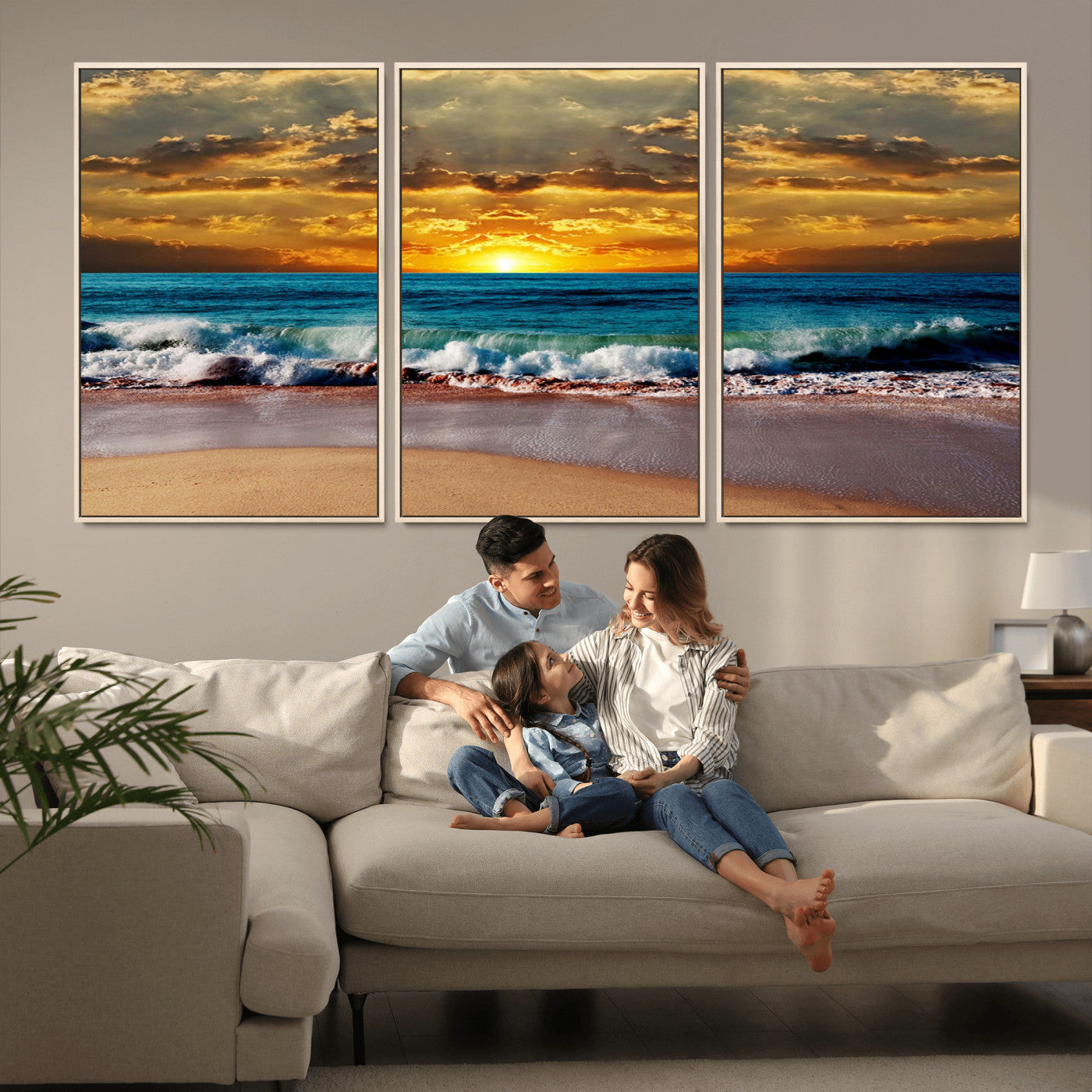 83389-MGV-FC-60X30-3P_Natural-Ocean Sunrise Wall Art – Vibrant Beach Waves Canvas Print, Coastal Seascape Decor for Living Room or Office