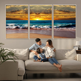 83389-MGV-FC-60X30-3P_Natural-Ocean Sunrise Wall Art – Vibrant Beach Waves Canvas Print, Coastal Seascape Decor for Living Room or Office