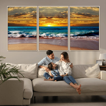 83389-MGV-FC-60X30-3P_Natural-Ocean Sunrise Wall Art – Vibrant Beach Waves Canvas Print, Coastal Seascape Decor for Living Room or Office