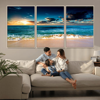 88985-MGV-FC-60X30-3P_Natural-Ocean Sunset Wall Art – Tranquil Beach Waves Canvas Print, Coastal Seascape Decor for Living Room or Office