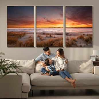 90176-MGV-FC-60X30-3P_Natural-Beach Sunset Wall Art – Coastal Sand Dune Canvas Print with Ocean Waves and Dramatic Sky, Seaside Landscape Decor for Living Room