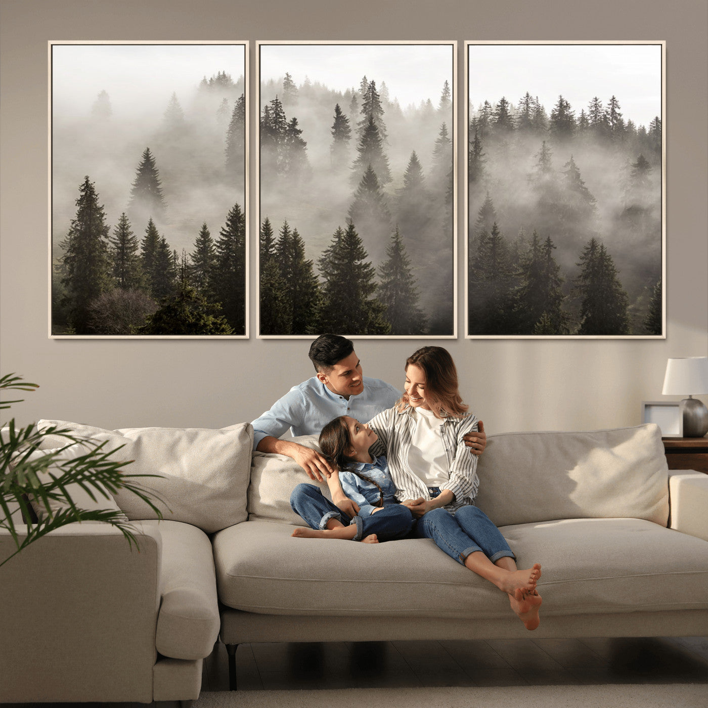 62862-MGV-FC-60X30-3P_Natural-Misty Forest Wall Art – Tranquil Pine Tree Canvas Print with Mountain Fog, Nature Landscape Artwork for Living Room, Bedroom, or
