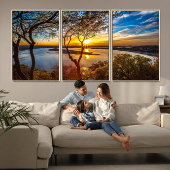 66839-MGV-FC-60X30-3P_Natural-Lake Sunset Wall Art – Golden Hour Canvas Print with Trees and Water Reflection, Scenic Landscape Photography for Living Room,