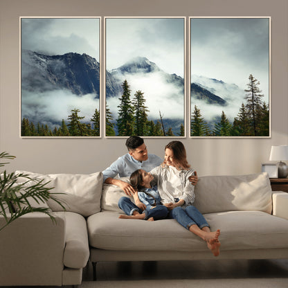 93219-MGV-FC-60X30-3P_Natural-Misty Mountain Wall Art – Foggy Pines and Rocky Peaks Canvas Print, Nature Landscape Decor for Living Room, Office or Bedroom