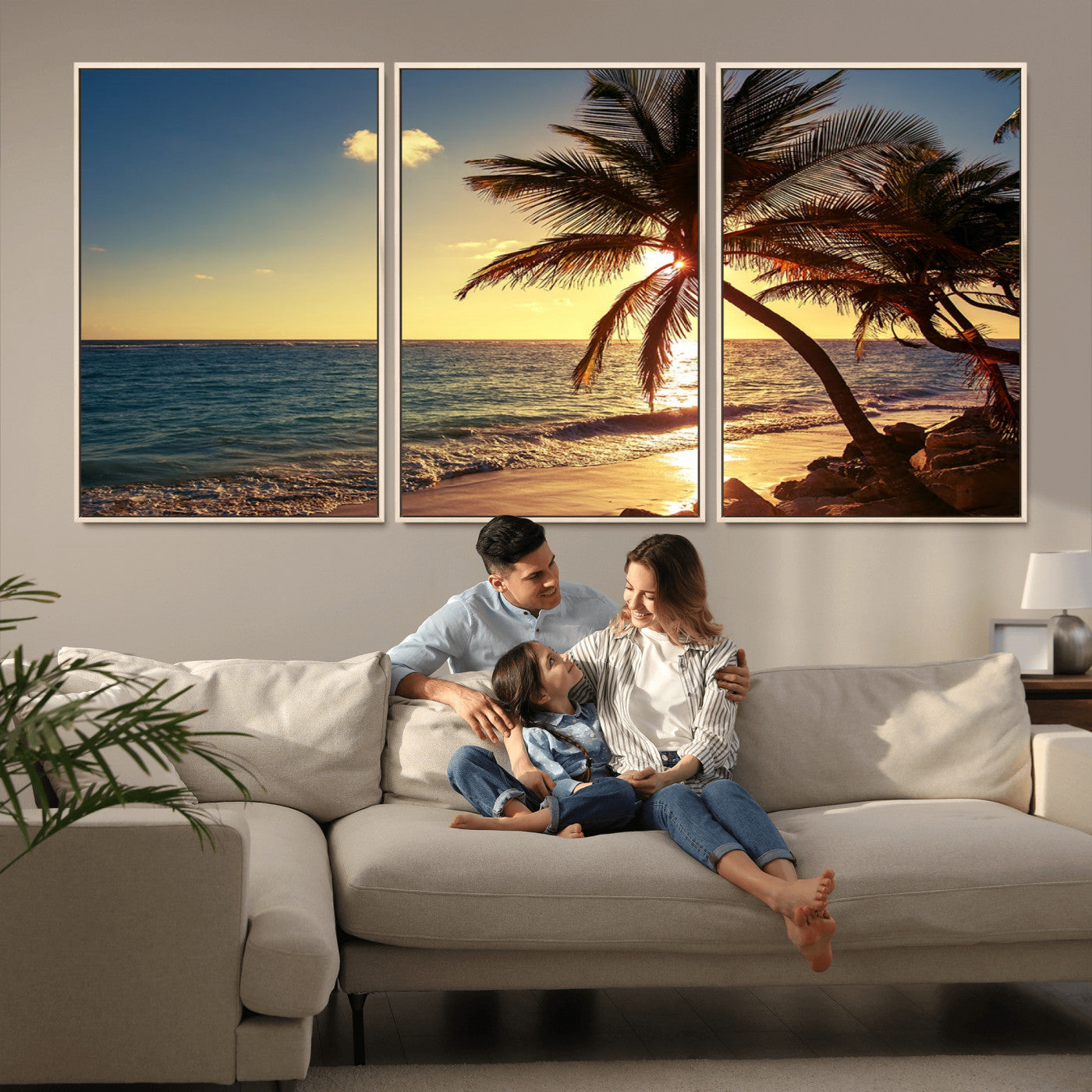 82710-MGV-FC-60X30-3P_Natural-Palm Tree Sunset Beach Wall Art – Tropical Ocean Canvas Print, Coastal Paradise Seascape Decor for Living Room or Office Wall