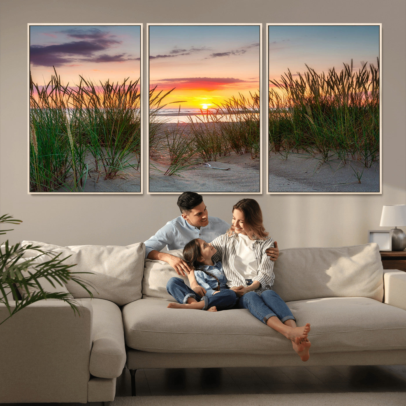 25576-MGV-FC-60X30-3P_Natural-Beach Grass Sunset Wall Art – Coastal Sand Dune Landscape Canvas Print, Ocean View Nature Decor for Living Room or Office Wall