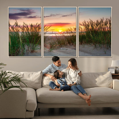 25576-MGV-FC-60X30-3P_Natural-Beach Grass Sunset Wall Art – Coastal Sand Dune Landscape Canvas Print, Ocean View Nature Decor for Living Room or Office Wall