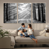 39665-MGV-CV-36X24-Black and White Forest Path Wall Art – Sunlight Rays in Trees Canvas Print, Nature Landscape Decor for Living Room or Office
